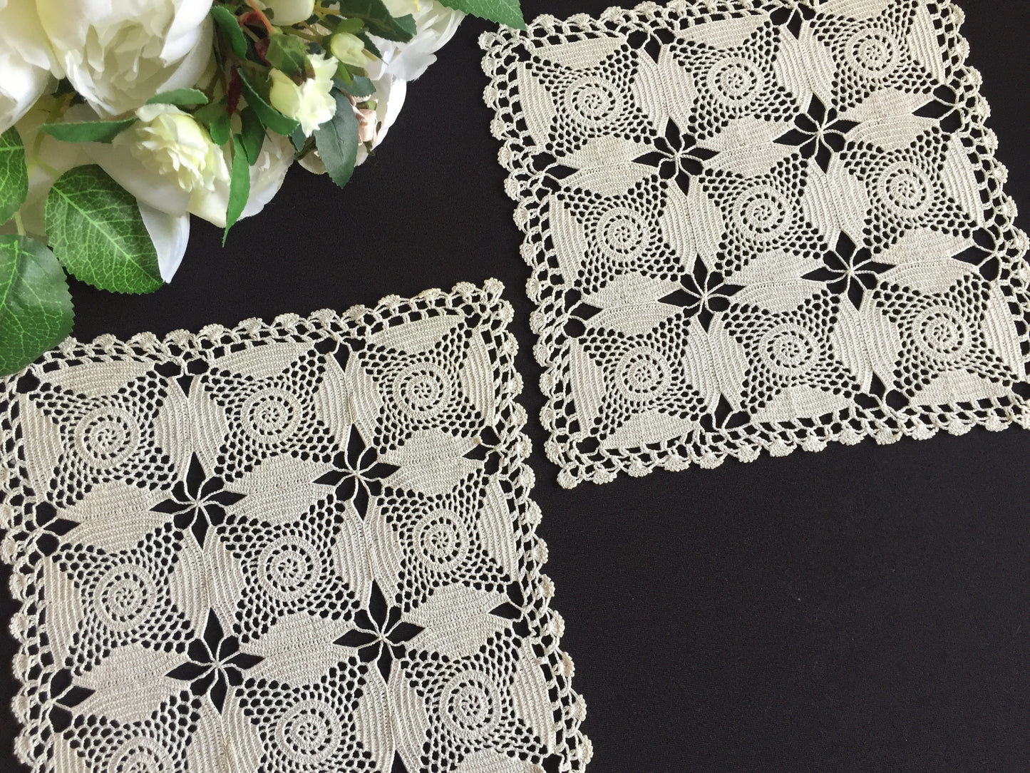 Square Handmade Vintage Crochet Lace Doily Pair in Cream Coloured Cotton