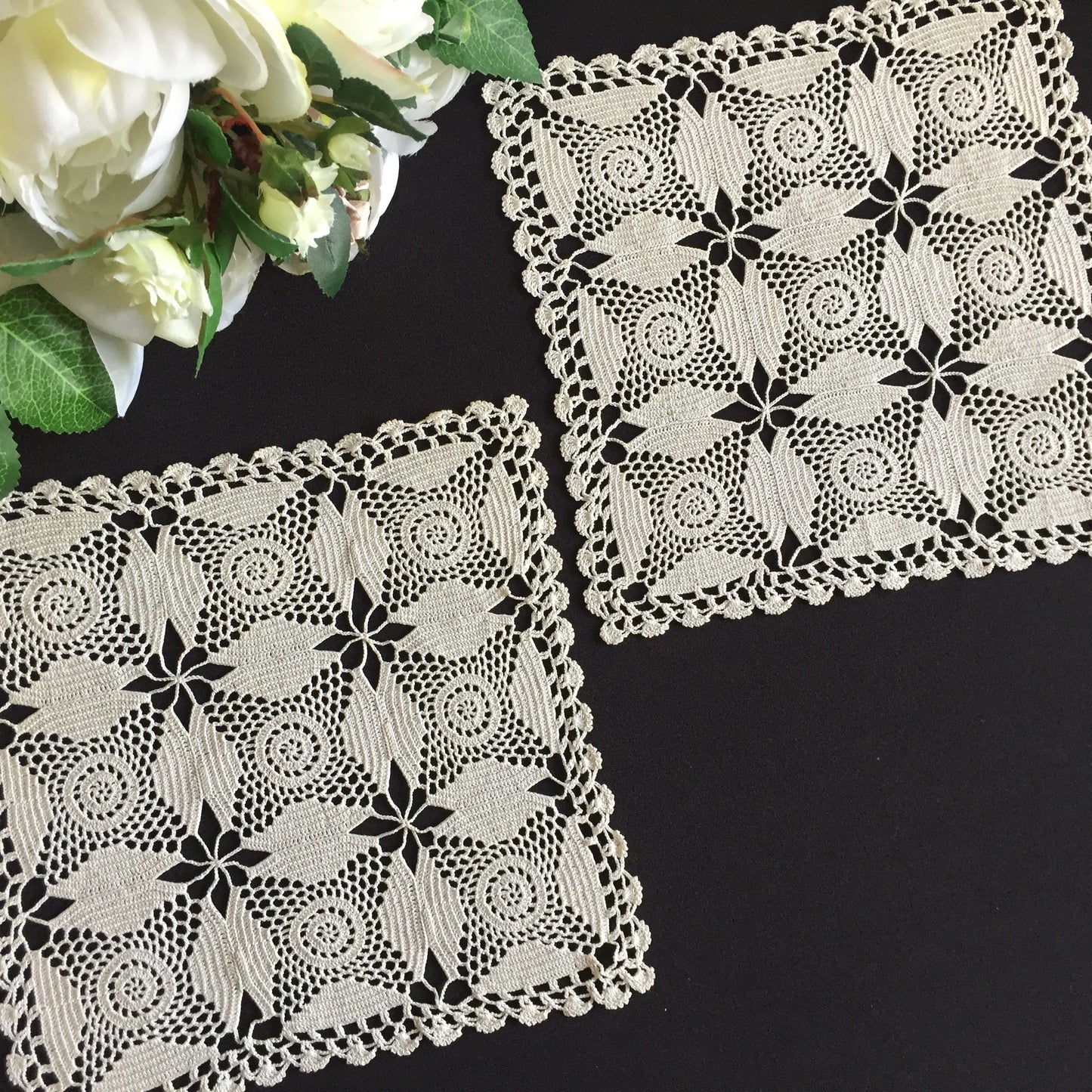 Square Handmade Vintage Crochet Lace Doily Pair in Cream Coloured Cotton