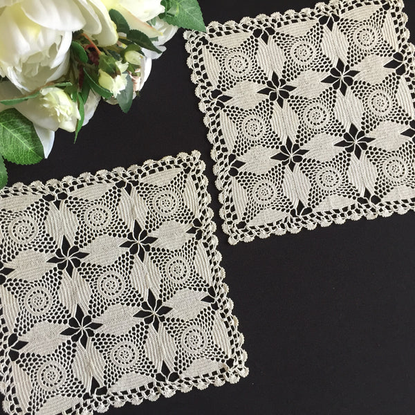 Square Handmade Vintage Crochet Lace Doily Pair in Cream Coloured Cotton