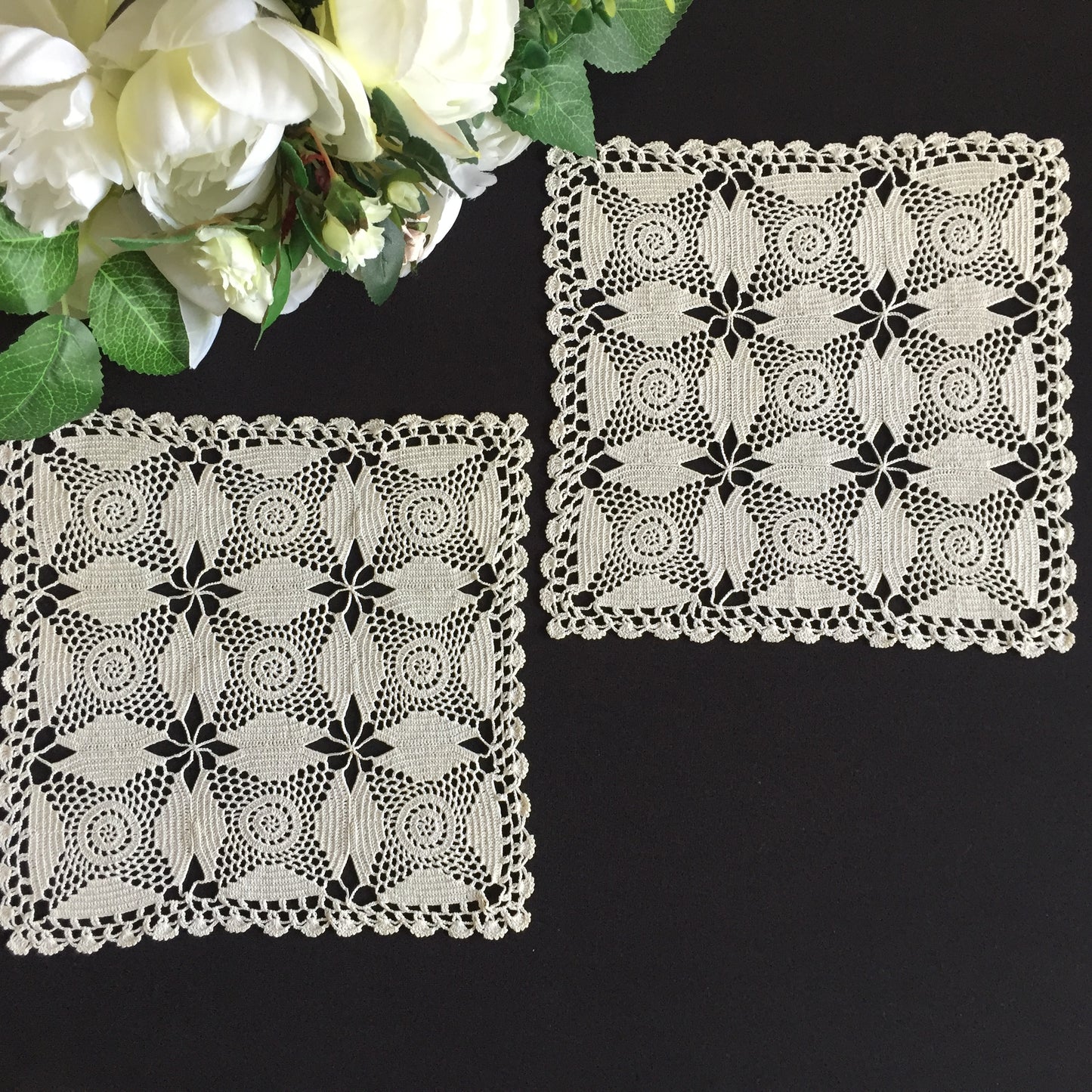 Square Handmade Vintage Crochet Lace Doily Pair in Cream Coloured Cotton