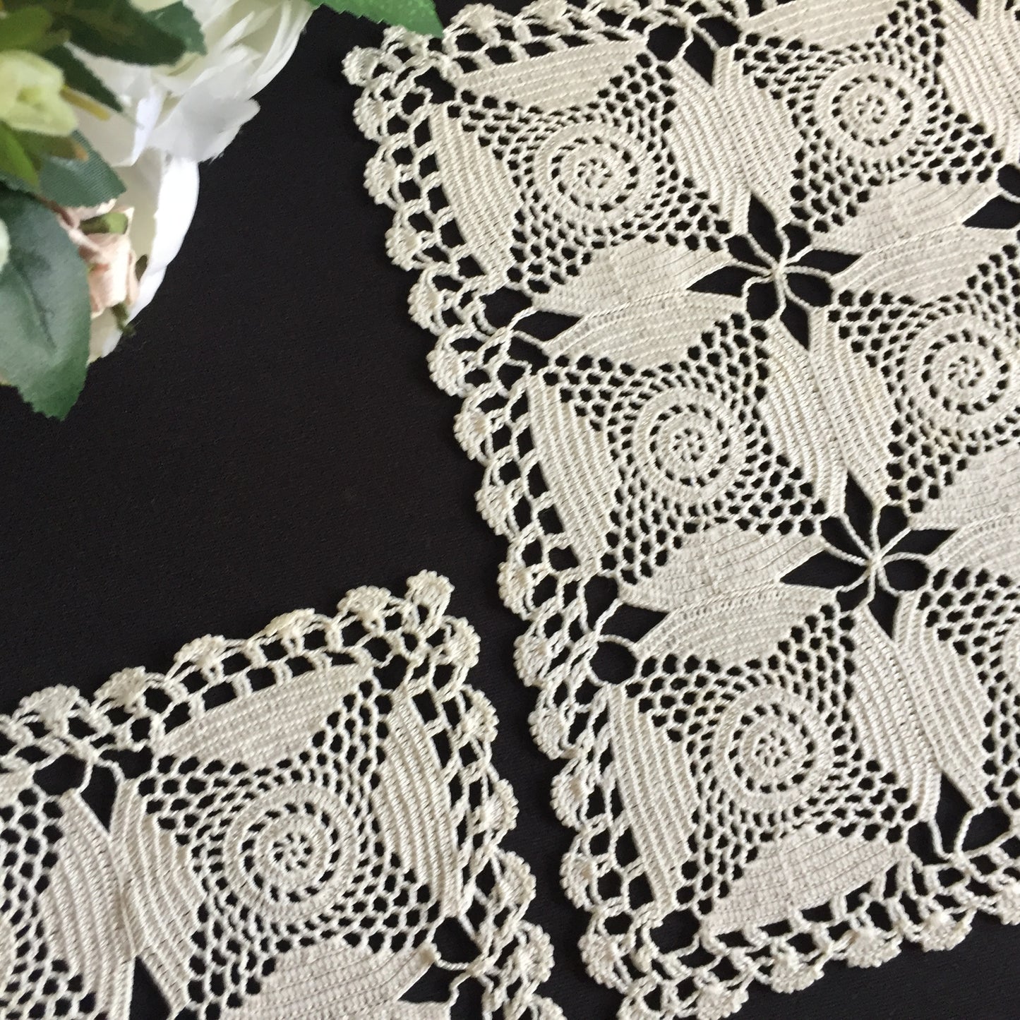 Square Handmade Vintage Crochet Lace Doily Pair in Cream Coloured Cotton