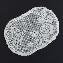 Load image into Gallery viewer, Edwardian Antique White Filet Crochet Lace Doily with Rose &amp; Butterfly Design