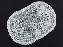 Load image into Gallery viewer, Edwardian Antique White Filet Crochet Lace Doily with Rose &amp; Butterfly Design