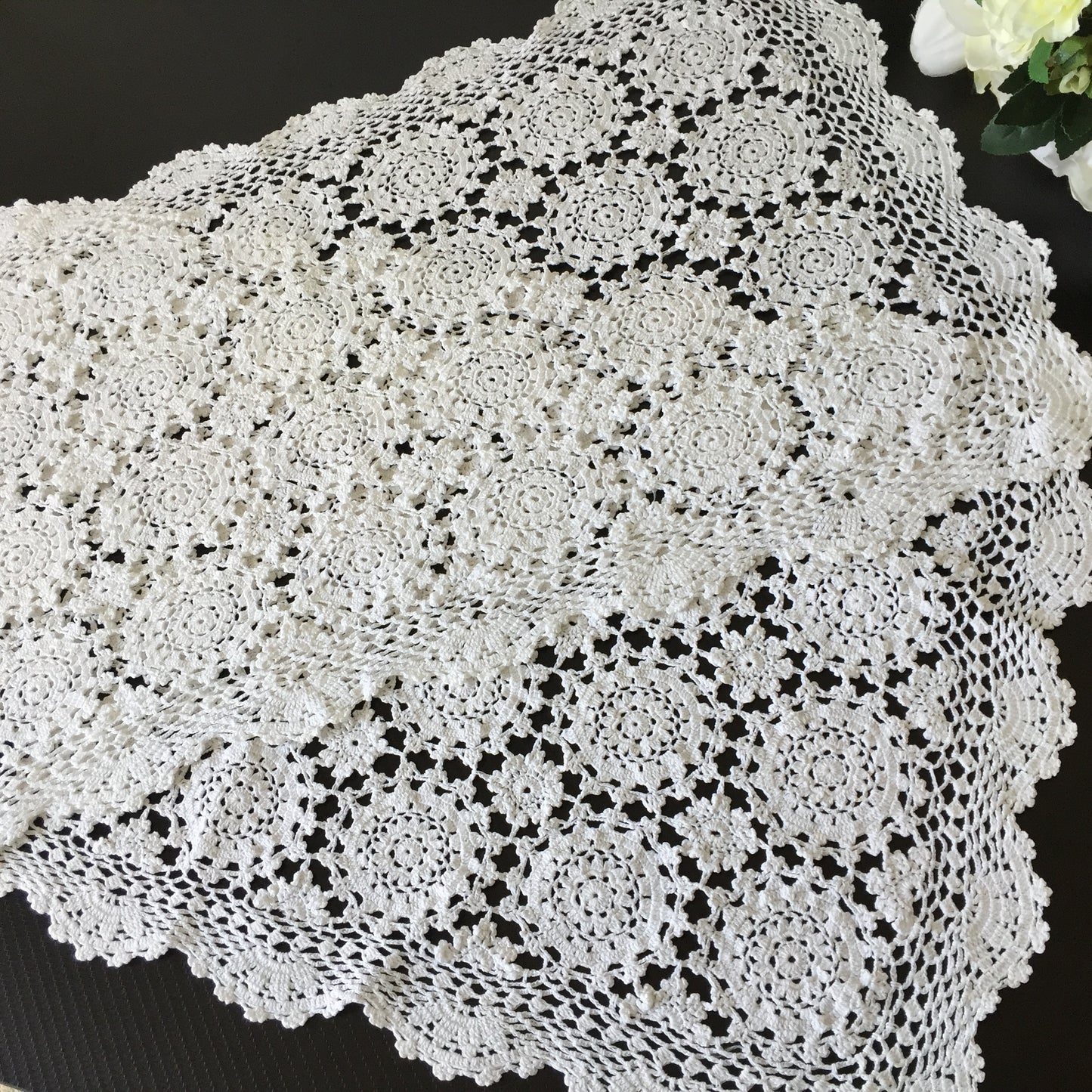 A Pair of Crochet Lace Placemats - Large White Cotton Vintage Doilies