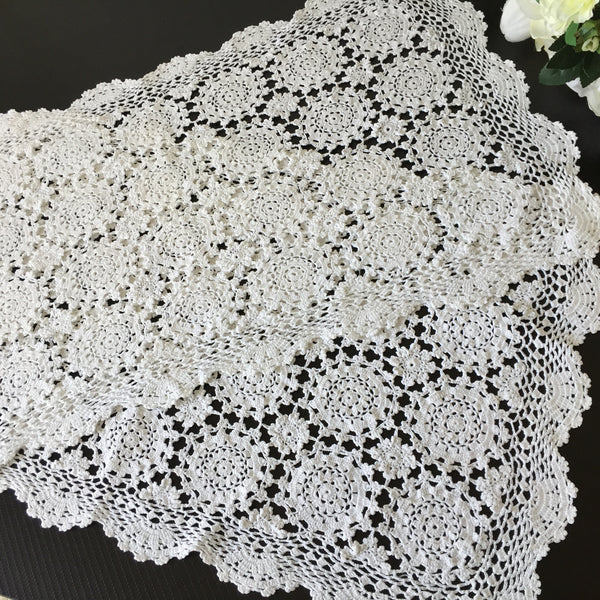 A Pair of Crochet Lace Placemats - Large White Cotton Vintage Doilies