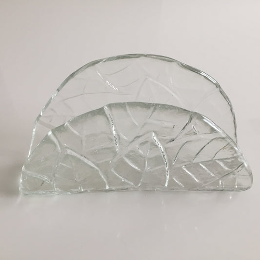 Vintage Clear Glass Serviette Holder with Semi-Circular Design and Pressed Leaves Pattern