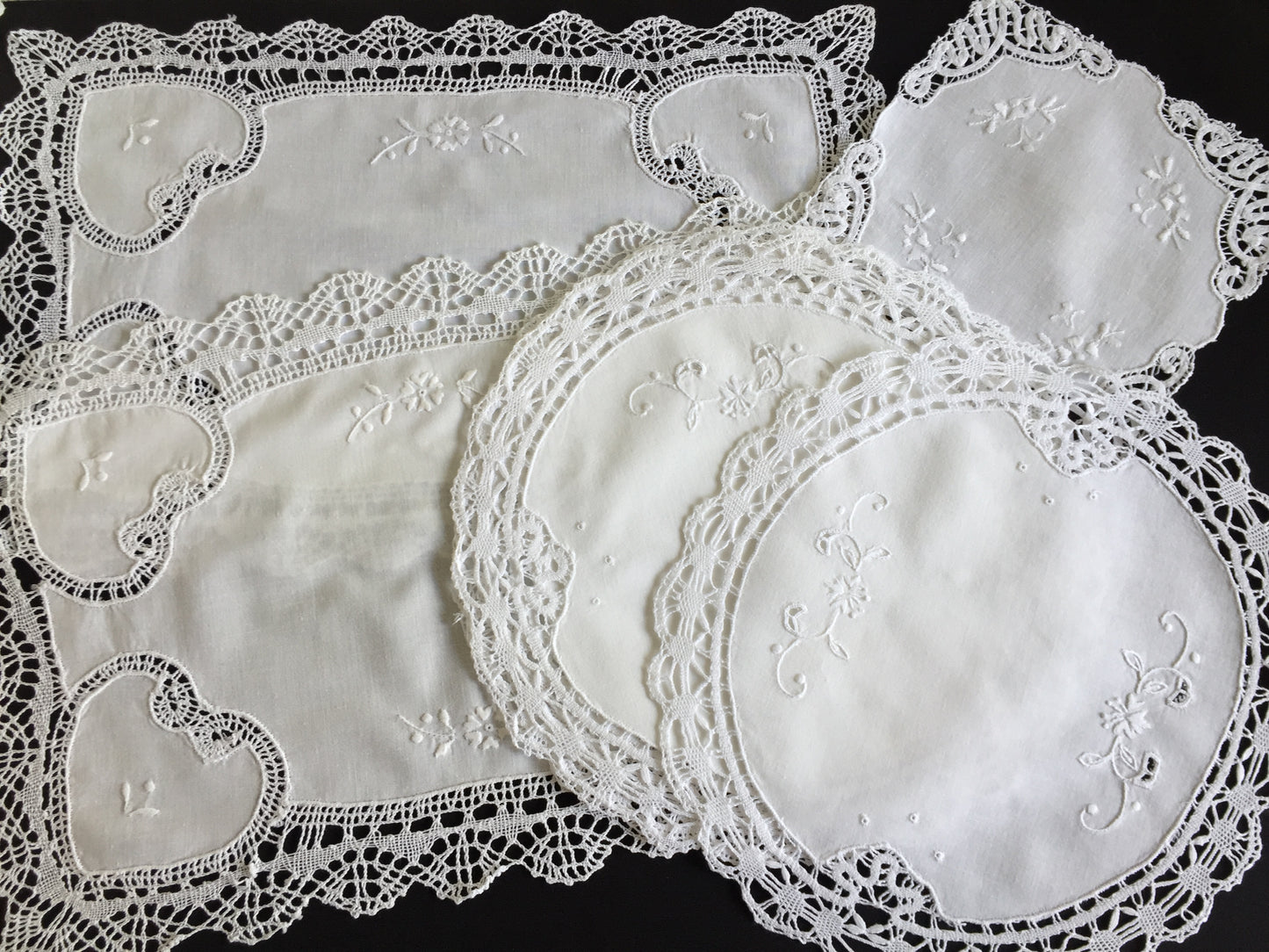 Vintage Hand Embroidered Whitework Tray Cloth Doily with Lace Edging