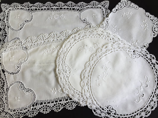 Vintage Hand Embroidered Whitework Tray Cloth Doily with Lace Edging