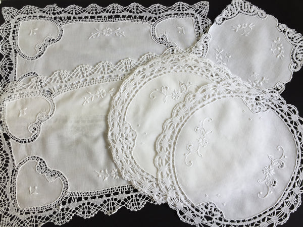 Vintage Hand Embroidered Whitework Tray Cloth Doily with Lace Edging