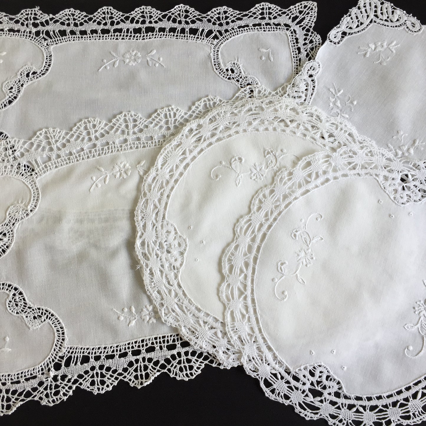 Vintage Hand Embroidered Whitework Tray Cloth Doily with Lace Edging