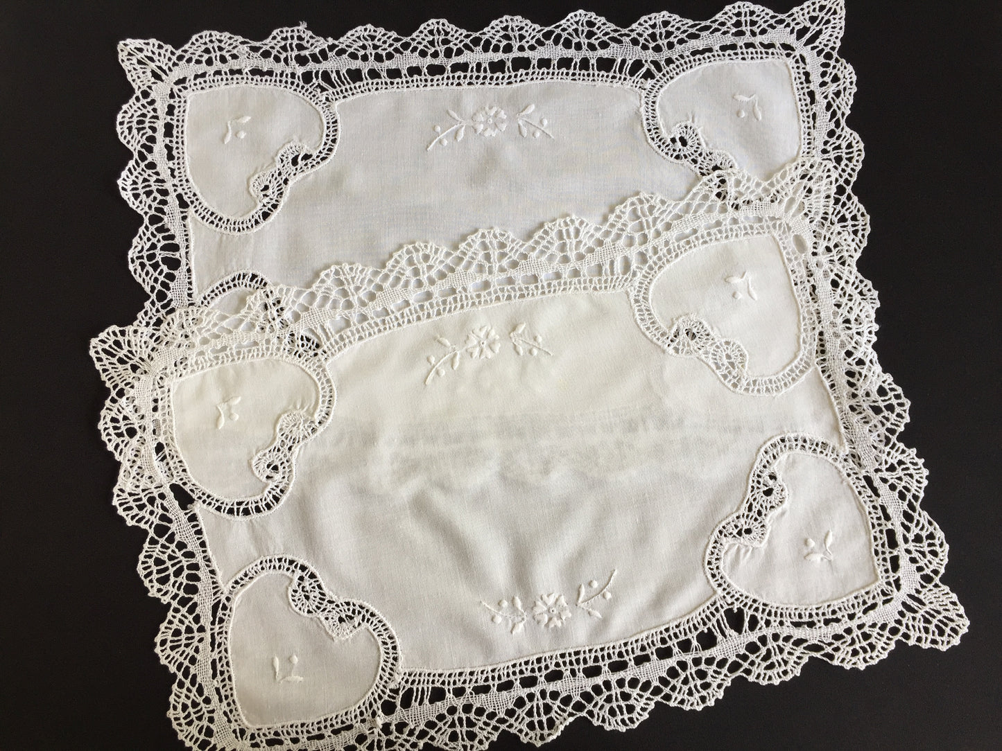 Vintage Hand Embroidered Whitework Tray Cloth Doily with Lace Edging