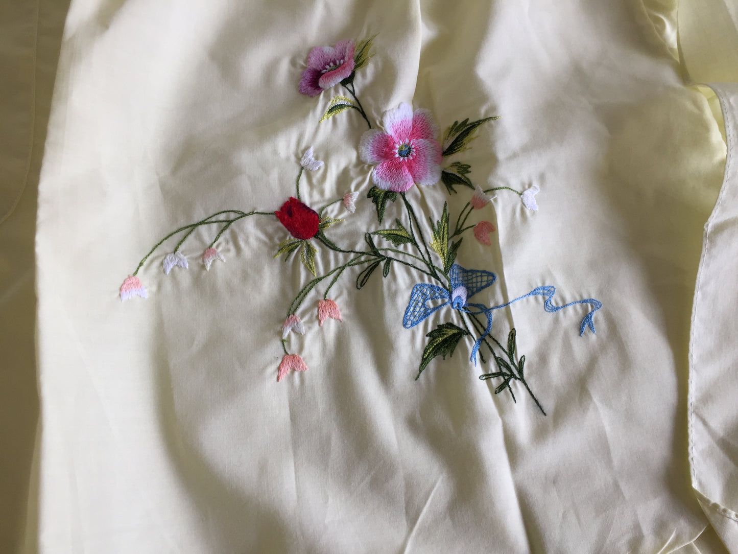 1990s Vintage Unused Embroidered Half Kitchen Apron | Yellow Cotton with Frills and a Pocket