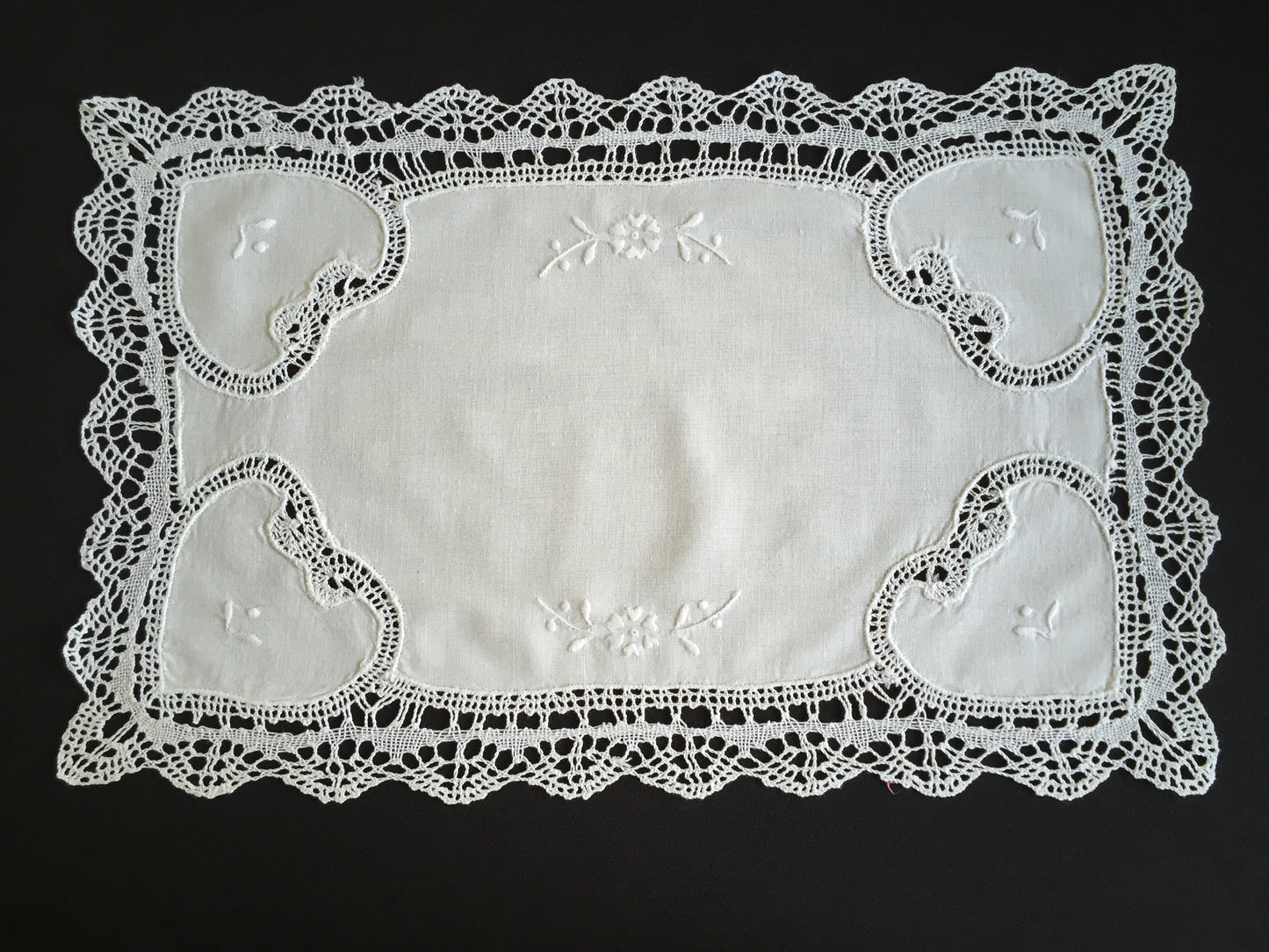 Vintage Hand Embroidered Whitework Tray Cloth Doily with Lace Edging