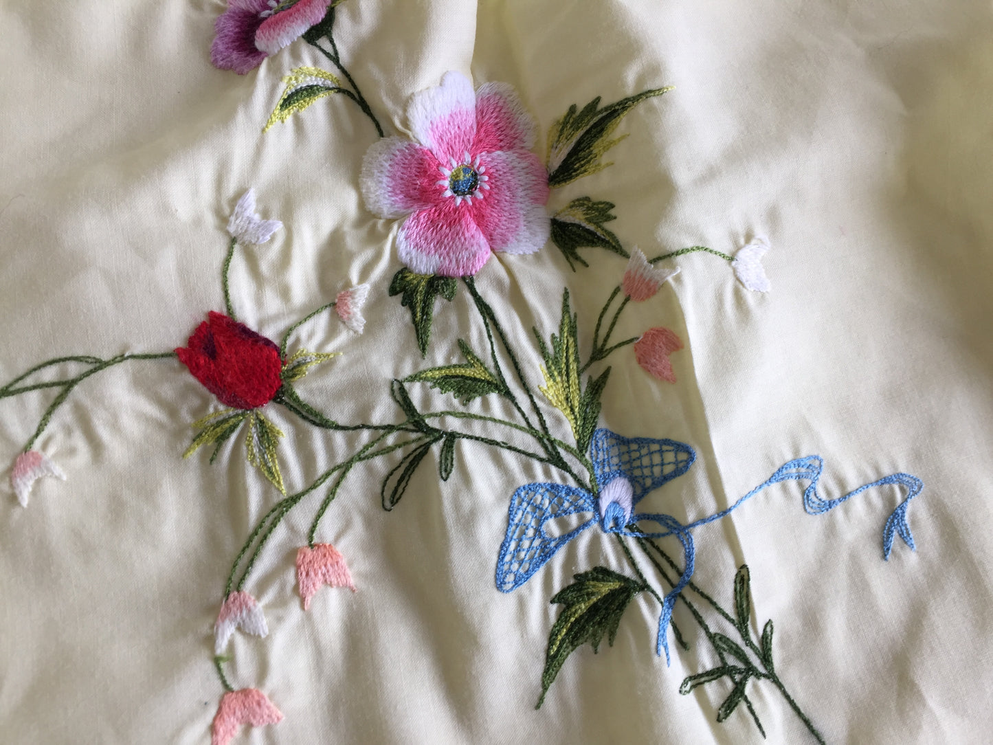 1990s Vintage Unused Embroidered Half Kitchen Apron | Yellow Cotton with Frills and a Pocket