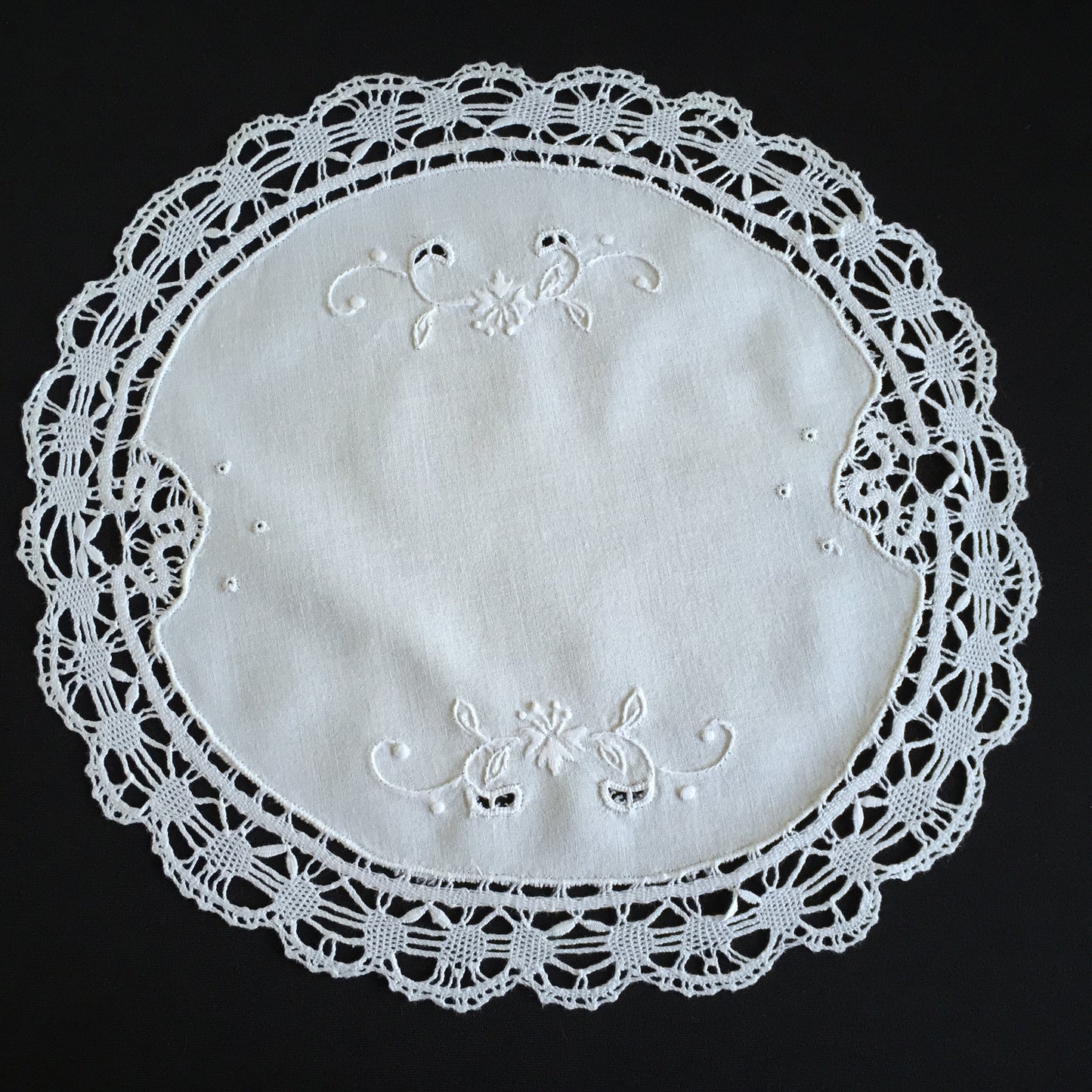 Vintage Hand Embroidered Whitework Tray Cloth Doily with Lace Edging