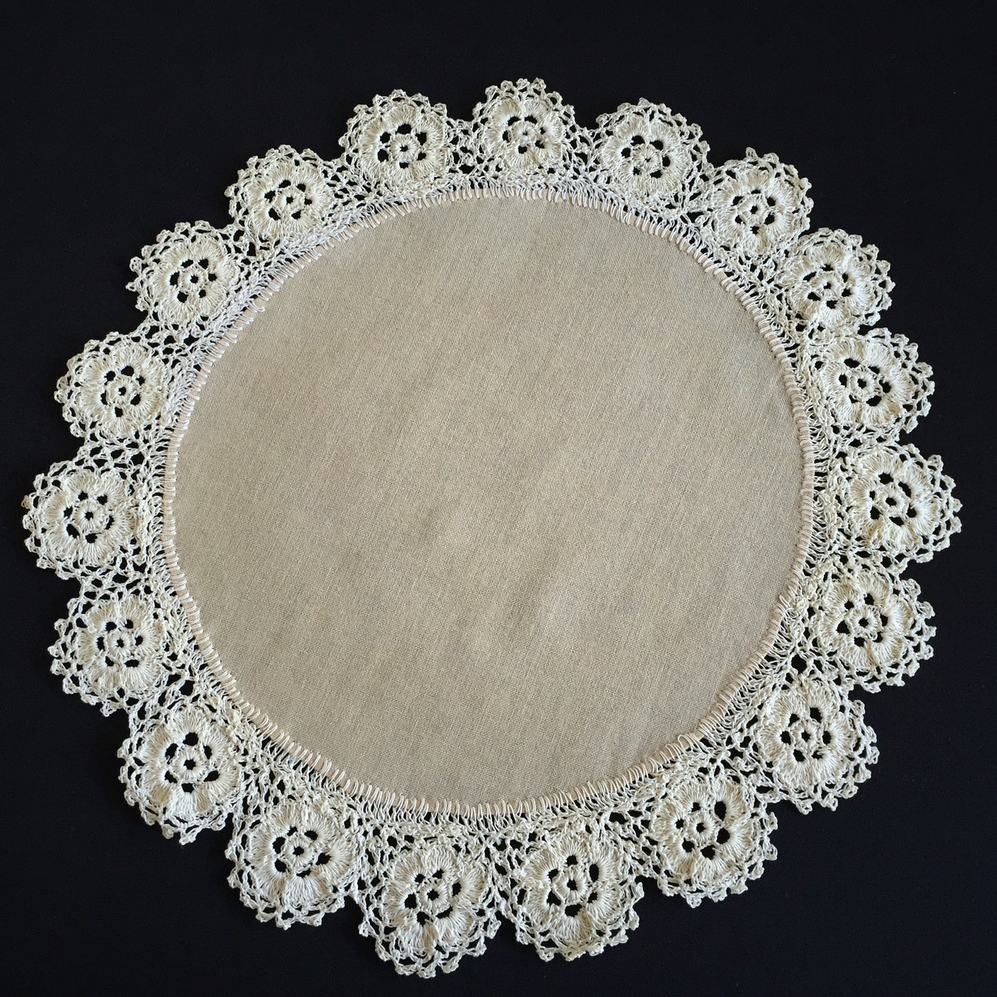 Vintage Hand Embroidered Beige Doily with Lace Edging