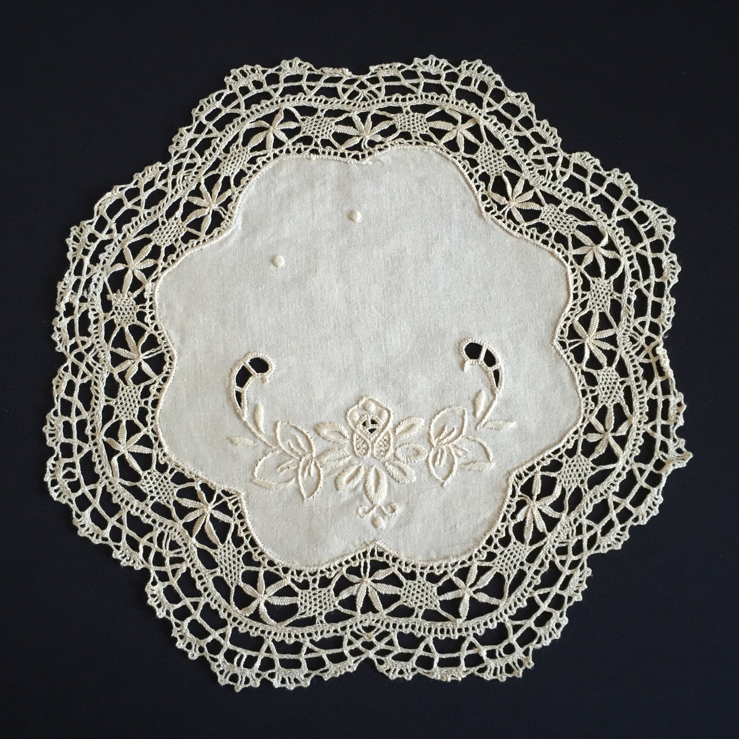 Vintage Hand Embroidered Beige Doily with Lace Edging