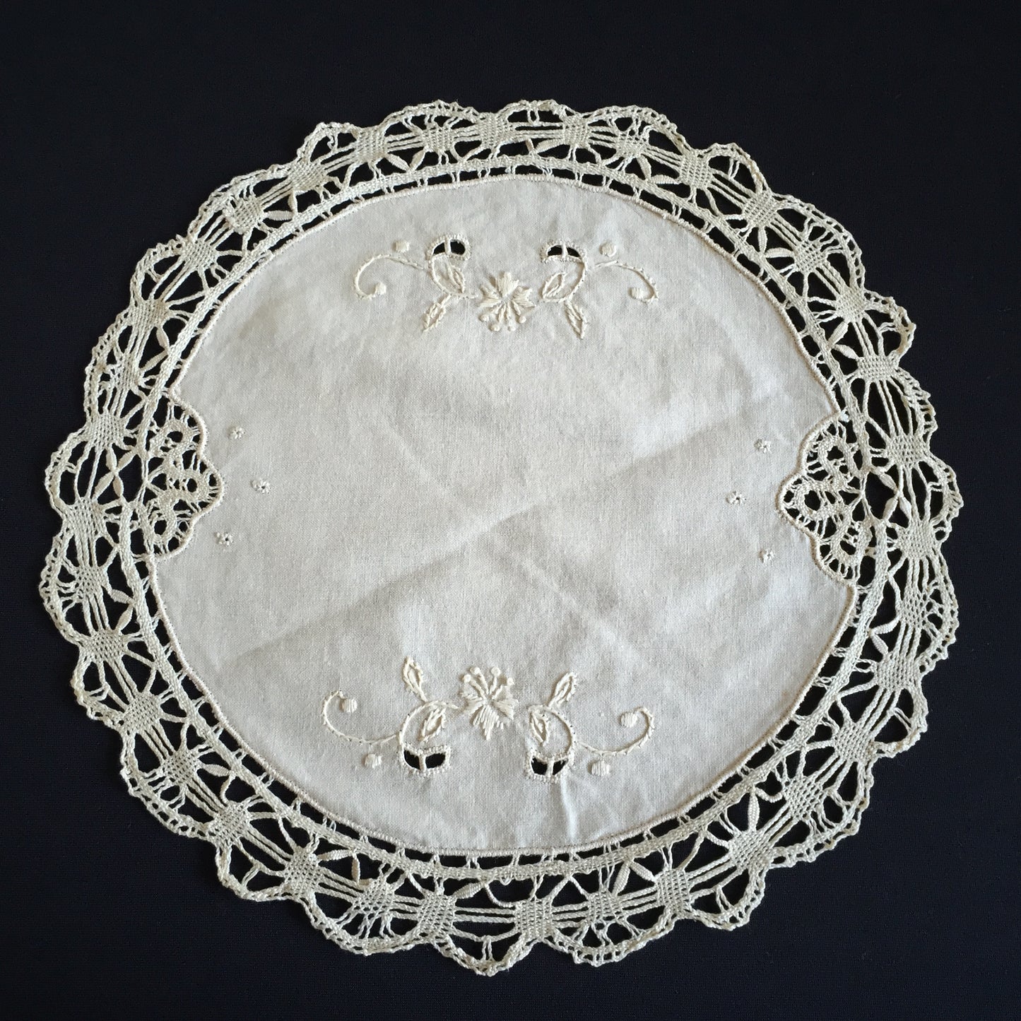 Vintage Hand Embroidered Beige Doily with Lace Edging