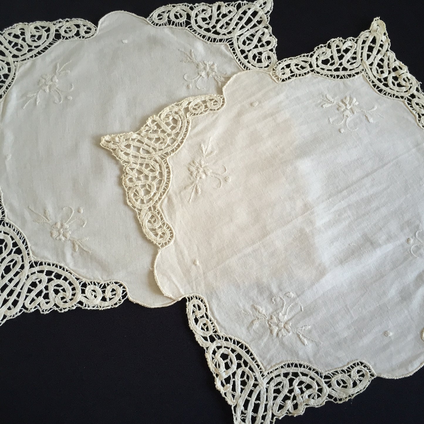Vintage Hand Embroidered Beige Doily with Lace Edging