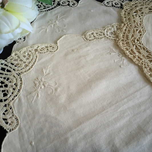 Vintage Hand Embroidered Beige Doily with Lace Edging