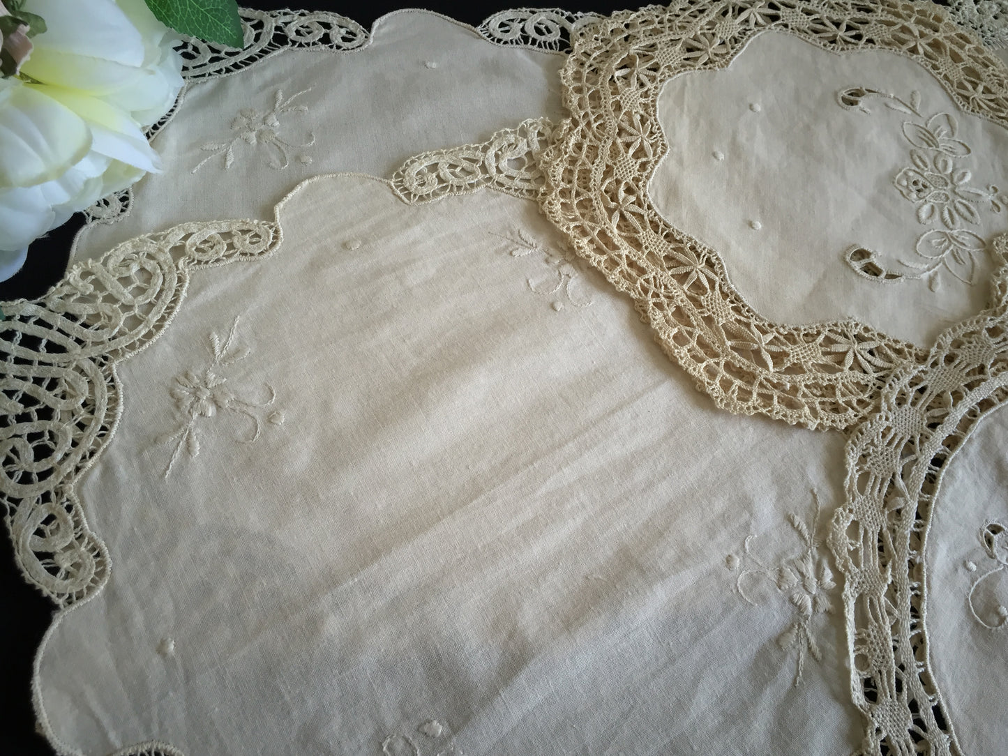 Vintage Hand Embroidered Beige Doily with Lace Edging