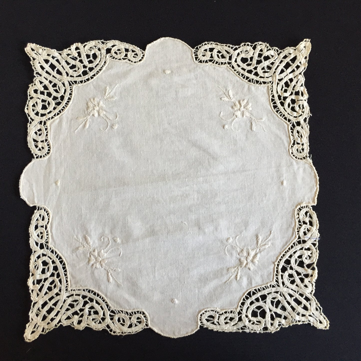 Vintage Hand Embroidered Beige Doily with Lace Edging