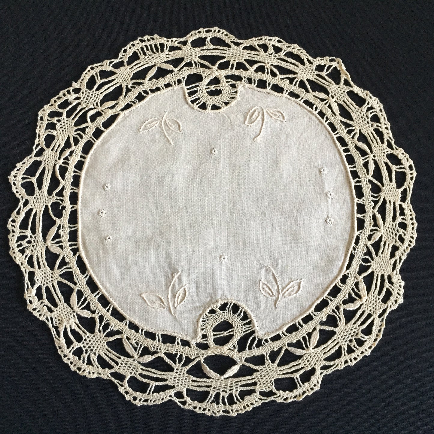 Vintage Hand Embroidered Beige Doily with Lace Edging