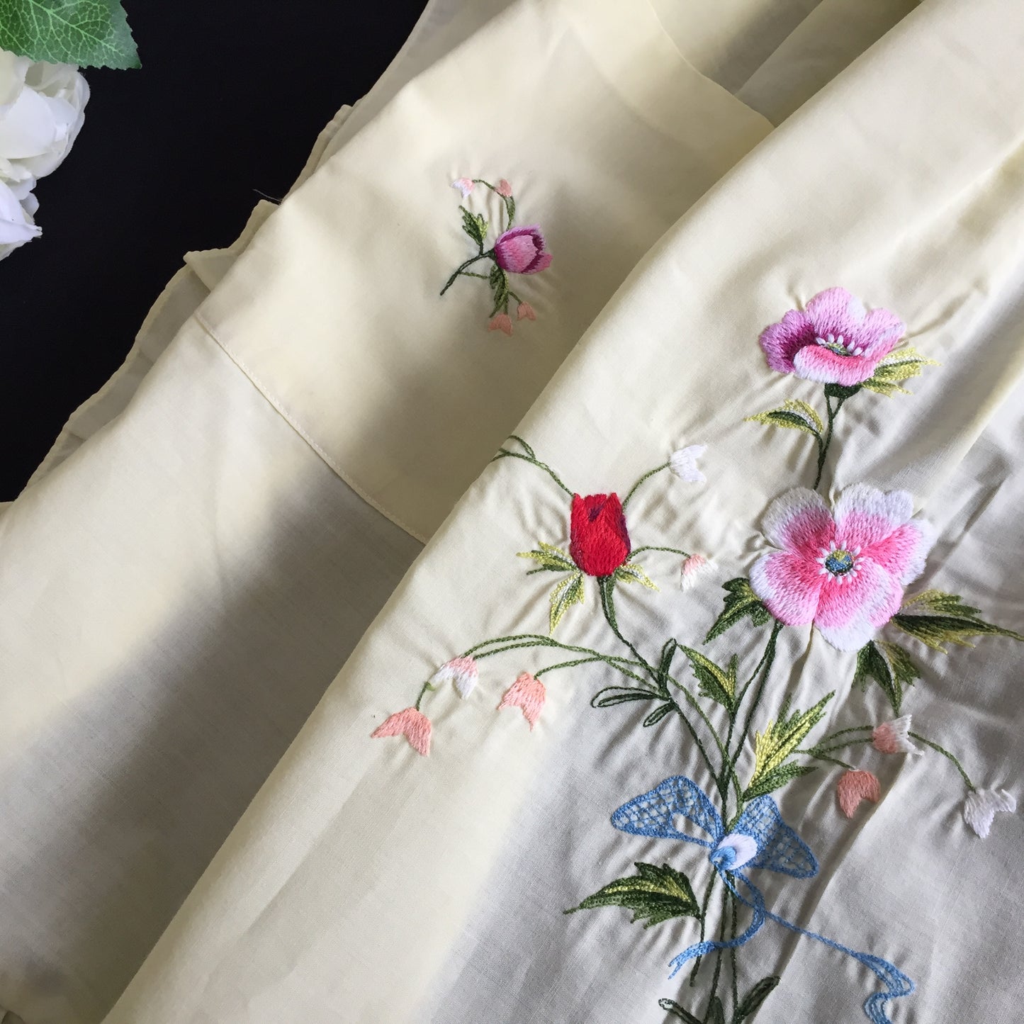 1990s Vintage Unused Embroidered Half Kitchen Apron | Yellow Cotton with Frills and a Pocket