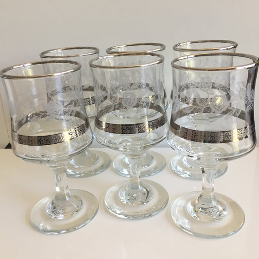 VINTAGE DEMA SILVER Rose Wine Glasses Set of 6 | 1970s British Etched Glassware