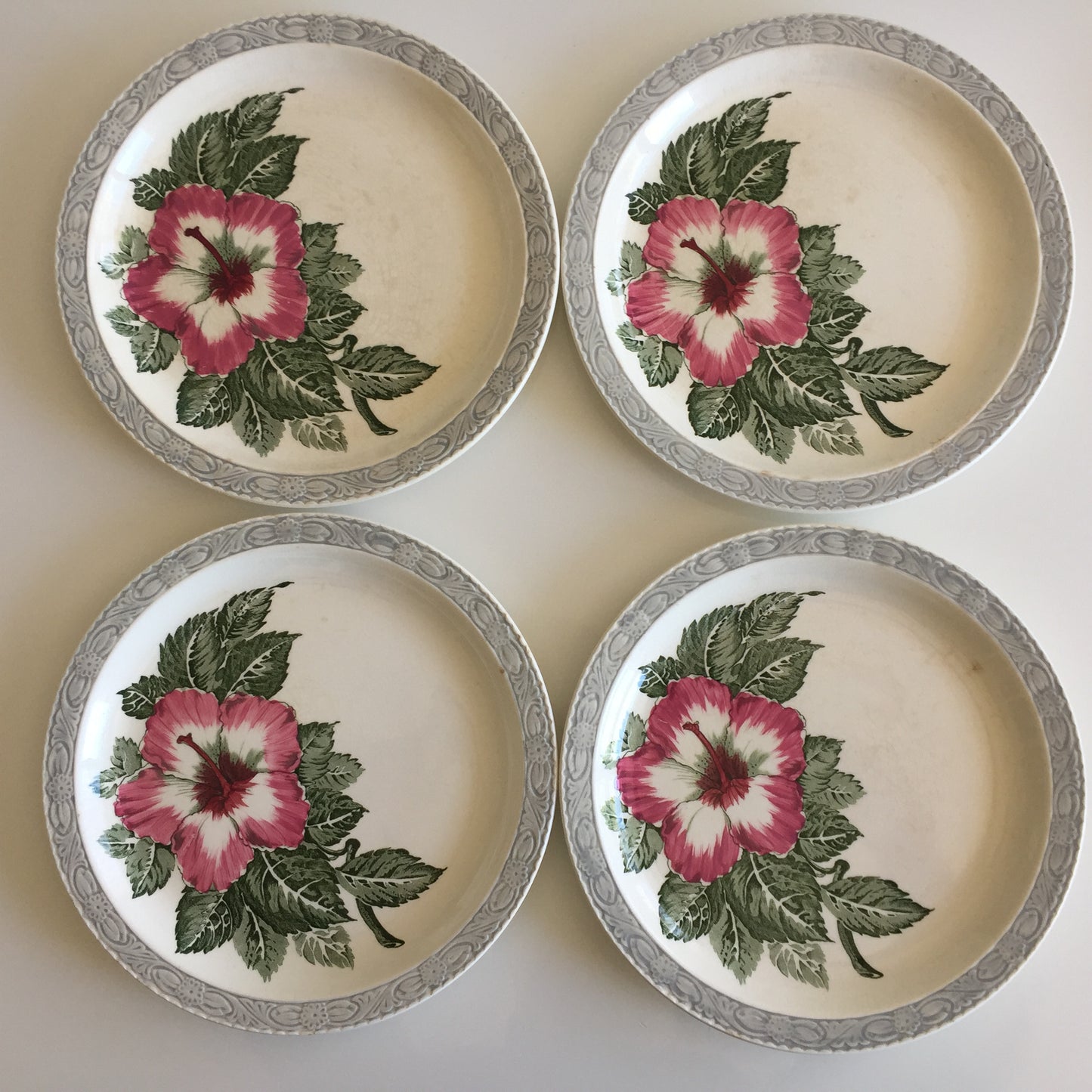 English Vintage Royal Tudor Ware Barker Bros "HIBISCUS" Pattern Set of 4 Dinner Plates