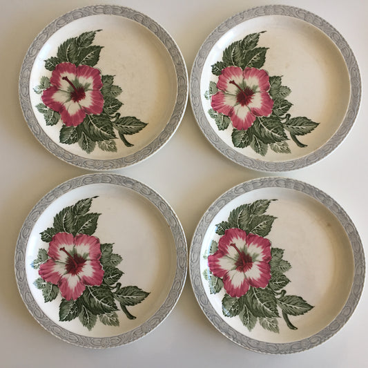 English Vintage Royal Tudor Ware Barker Bros "HIBISCUS" Pattern Set of 4 Dinner Plates