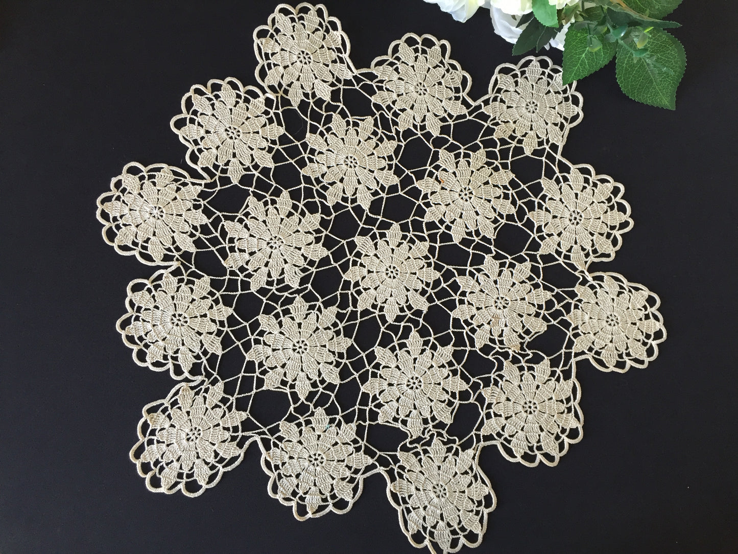 Large Ecru Cotton 18" Crochet Lace Table Centre Doily Handmade Vintage 1950s