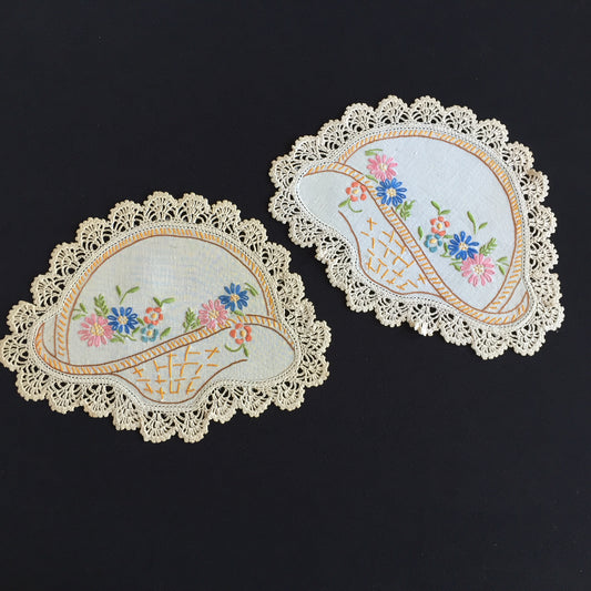 Australian Vintage Hand Embroidered Linen Doily Pair