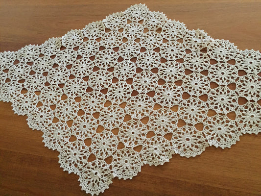 X Large Ecru Cotton Oblong Crochet Lace Table Centre Doily Handmade Vintage