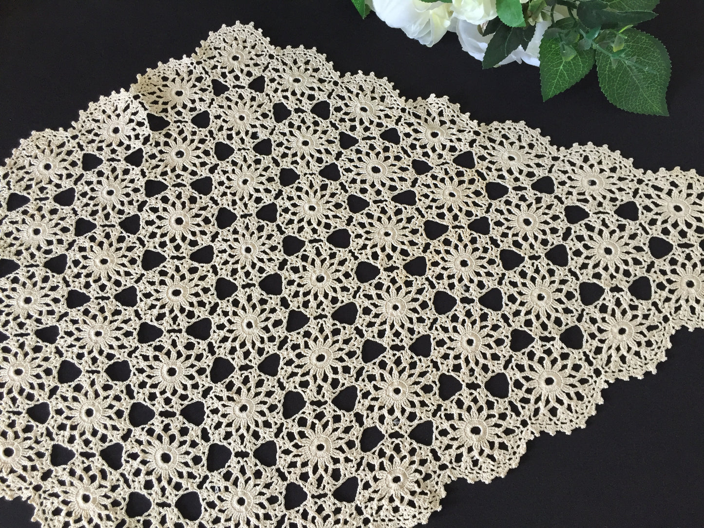 X Large Ecru Cotton Oblong Crochet Lace Table Centre Doily Handmade Vintage