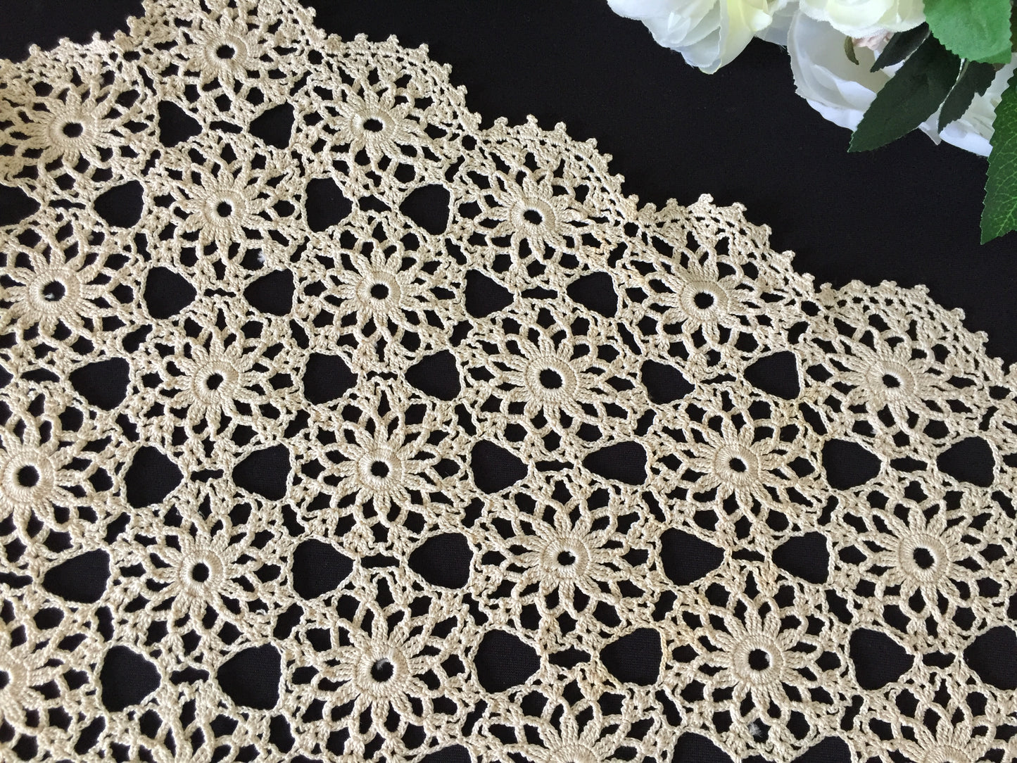 X Large Ecru Cotton Oblong Crochet Lace Table Centre Doily Handmade Vintage