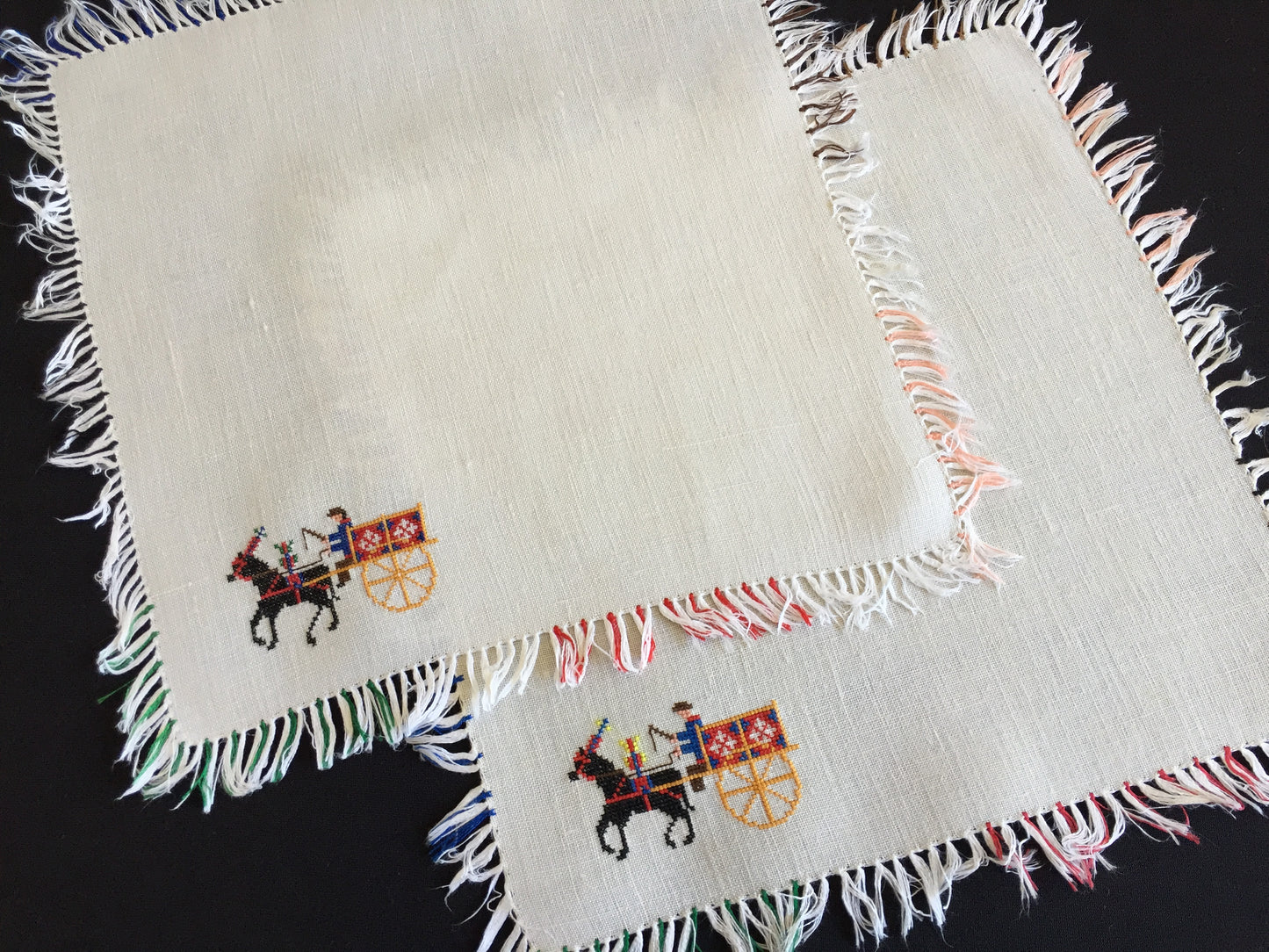 Cross Stitch Embroidered Reusable Vintage Cotton Napkins with Fringe (Pair)