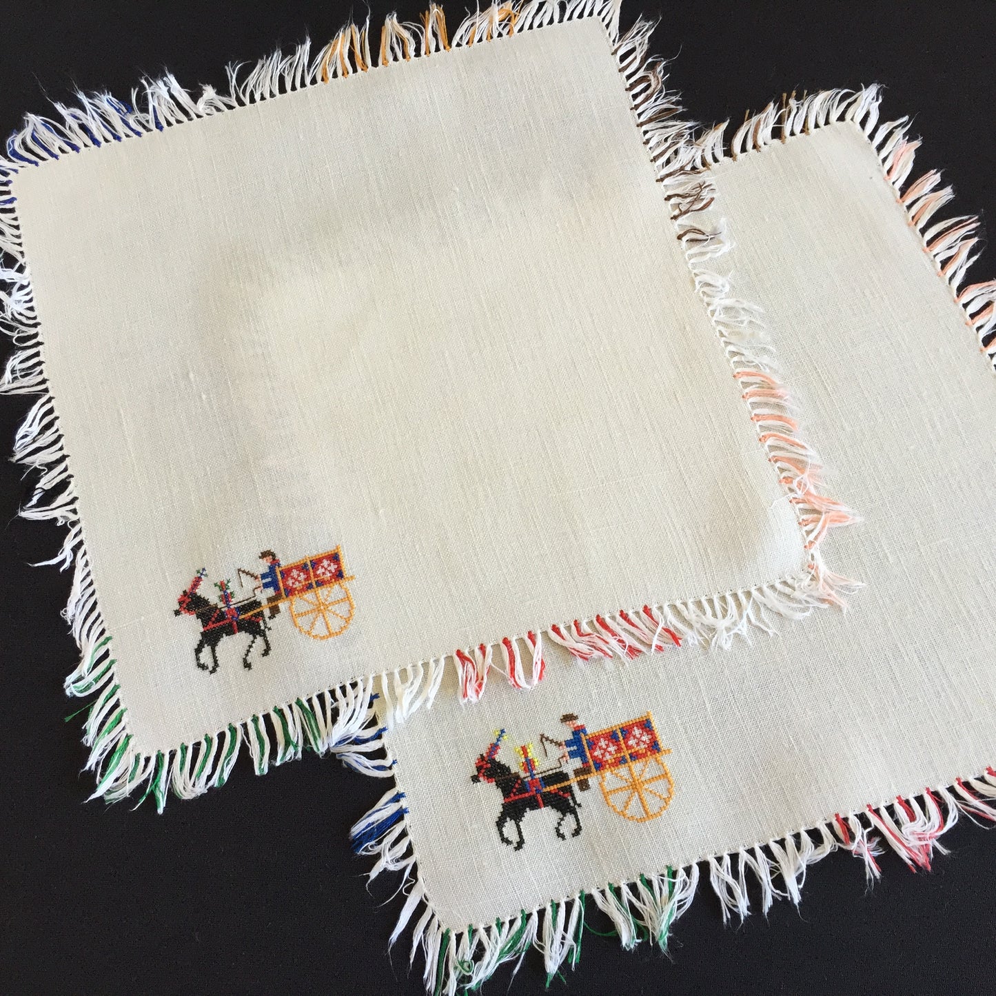 Cross Stitch Embroidered Reusable Vintage Cotton Napkins with Fringe (Pair)