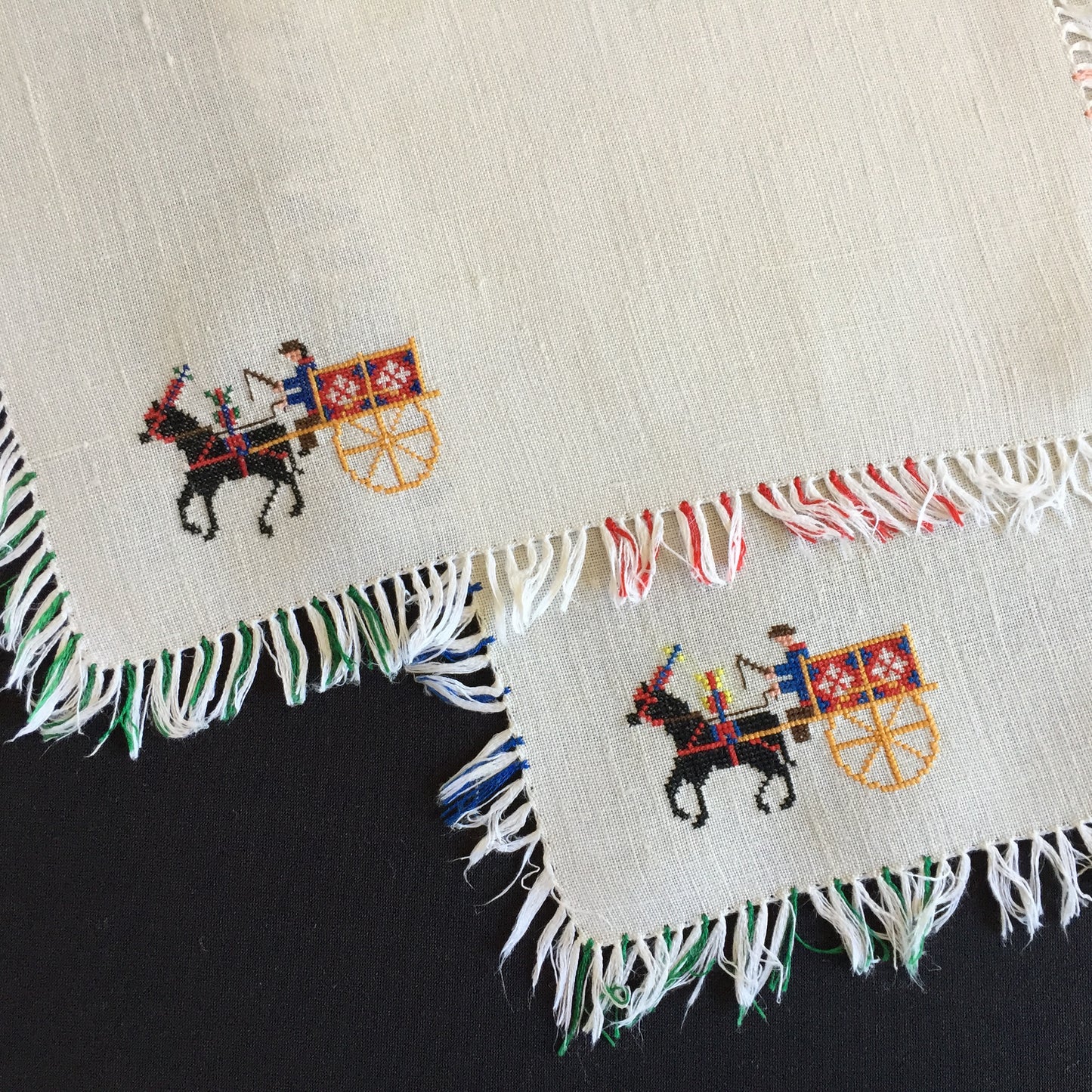 Cross Stitch Embroidered Reusable Vintage Cotton Napkins with Fringe (Pair)