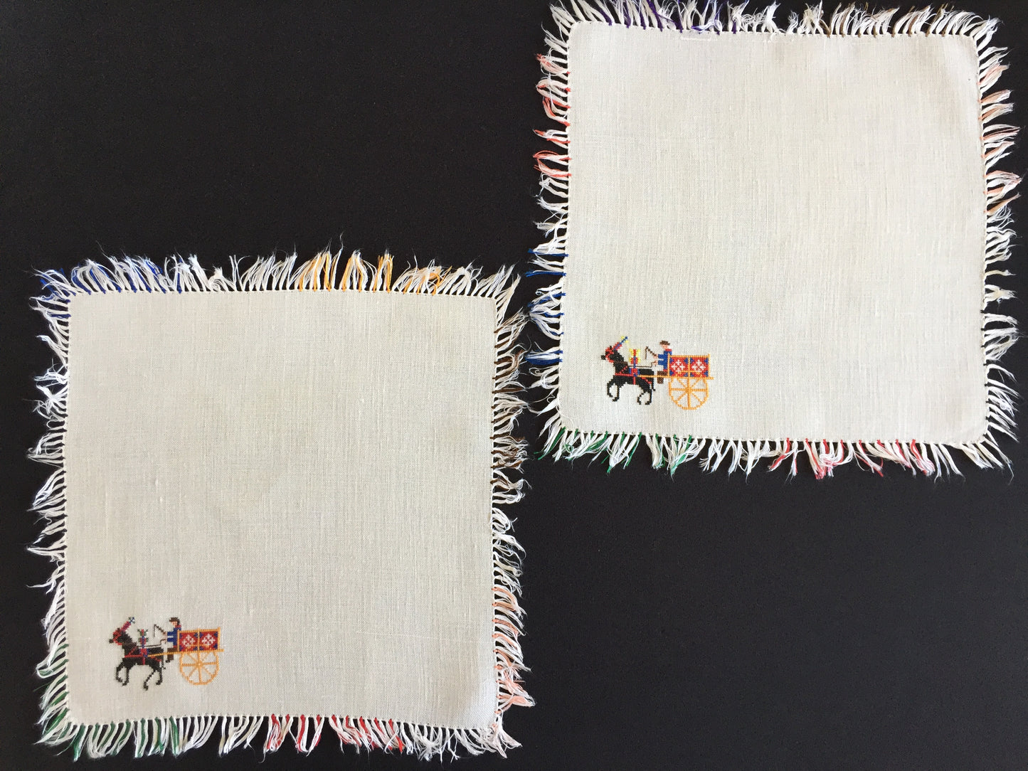 Cross Stitch Embroidered Reusable Vintage Cotton Napkins with Fringe (Pair)