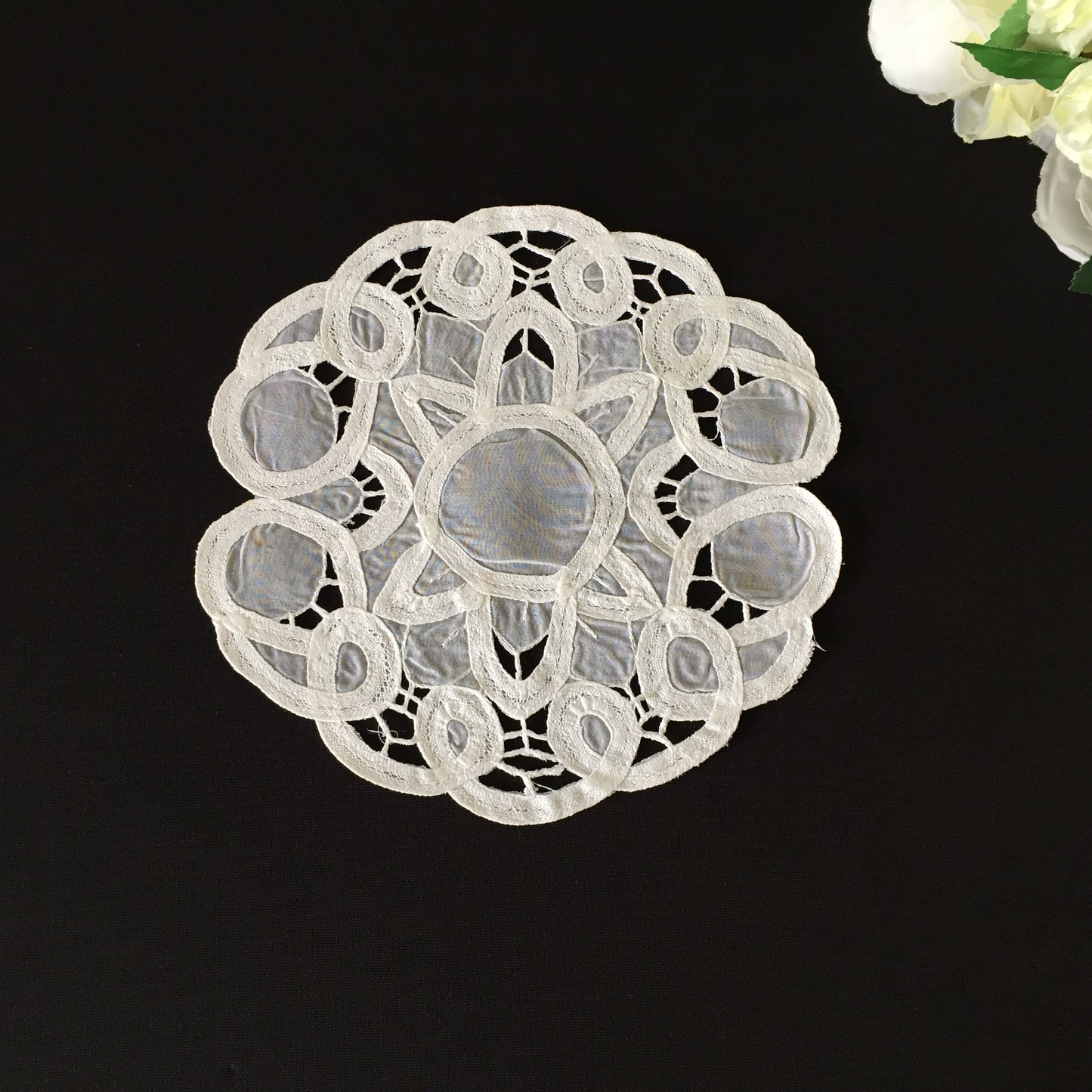 Vintage 7" White Organdy & Cotton Tape Lace Doily