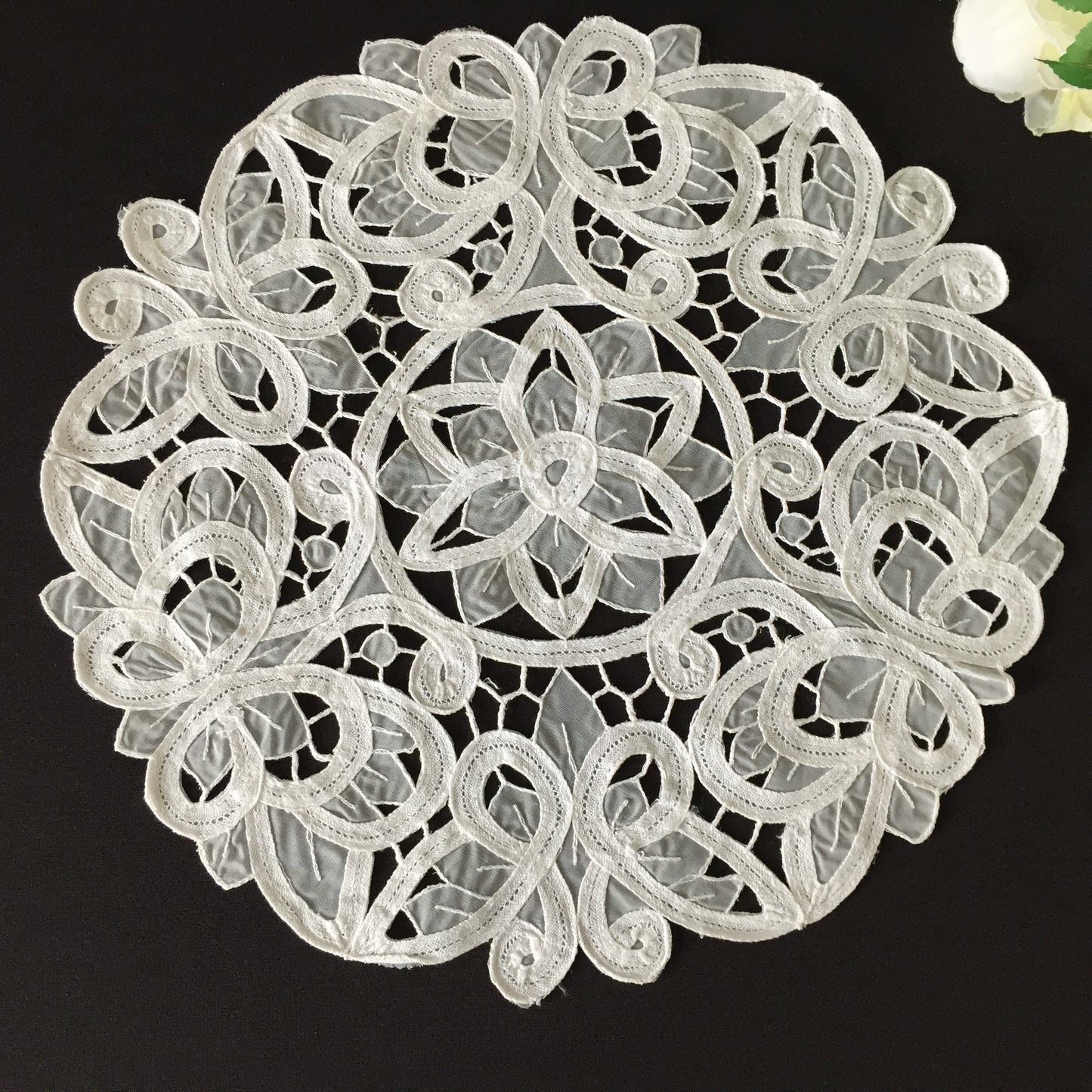 Vintage 13" White Organdy & Cotton Tape Lace Doily with Butterfly Pattern
