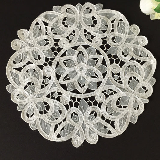 Vintage 13" White Organdy & Cotton Tape Lace Doily with Butterfly Pattern