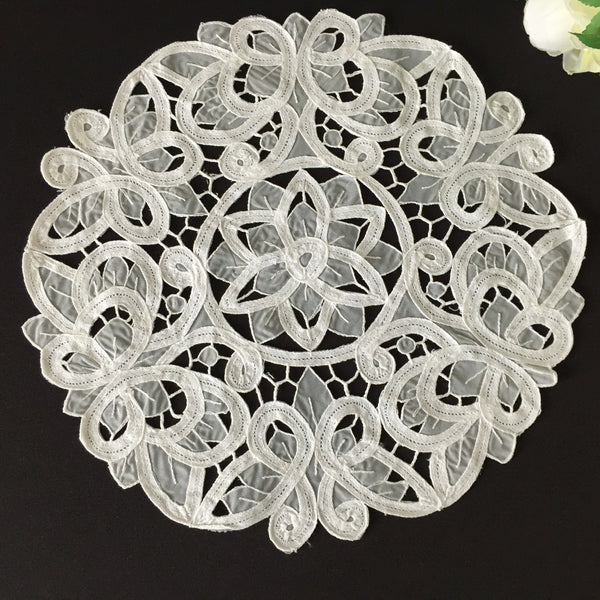 Vintage 13" White Organdy & Cotton Tape Lace Doily with Butterfly Pattern