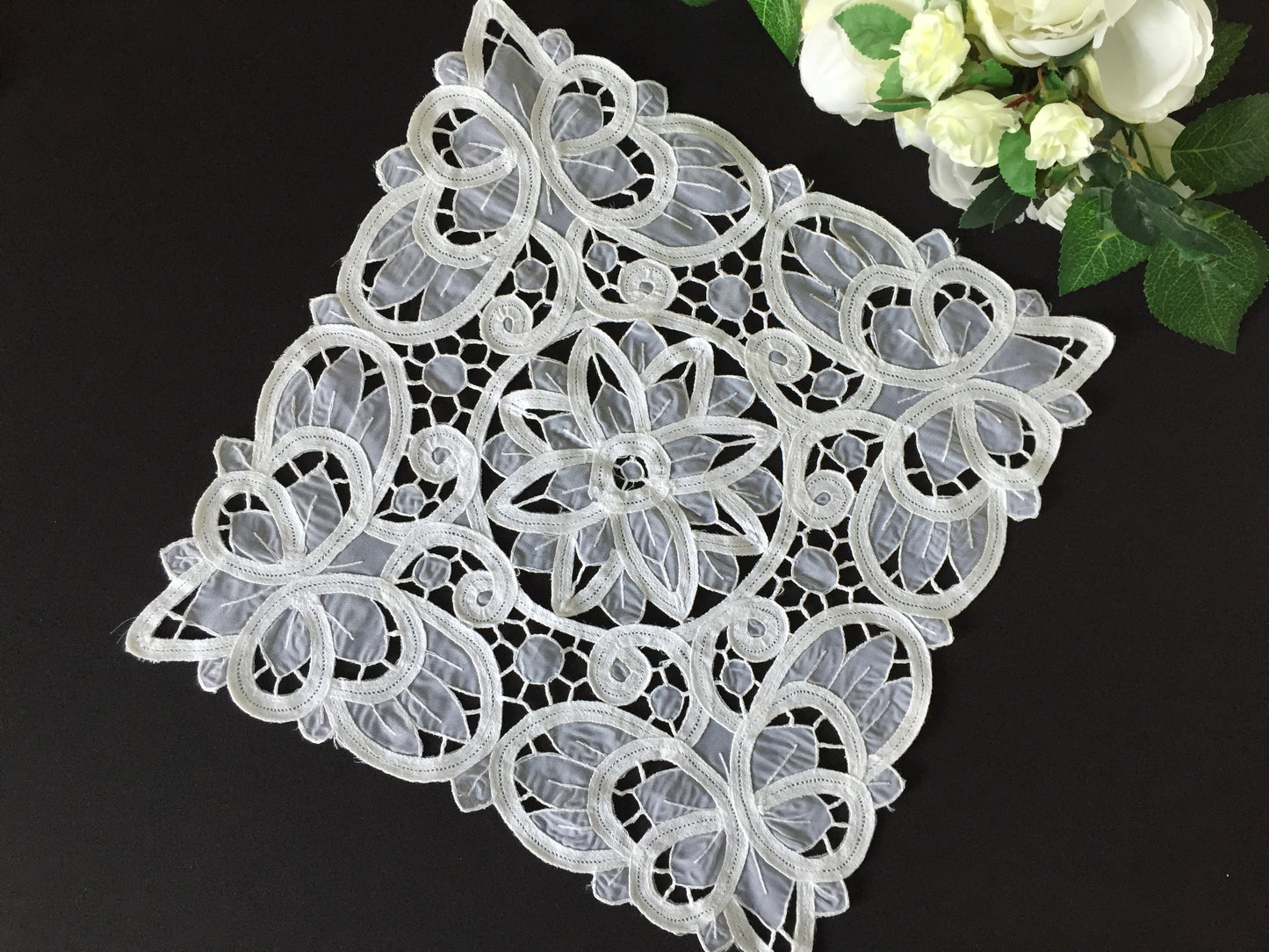 Vintage 13" White Organdy & Cotton Tape Lace Doily with Butterfly Pattern