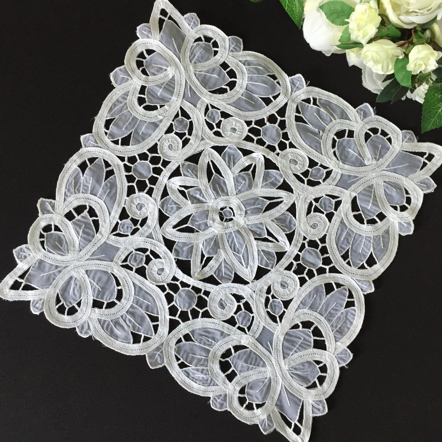 Vintage 13" White Organdy & Cotton Tape Lace Doily with Butterfly Pattern