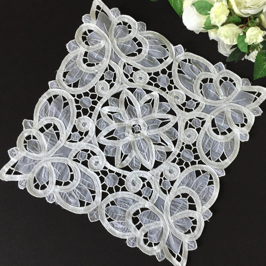 Vintage 13" White Organdy & Cotton Tape Lace Doily with Butterfly Pattern