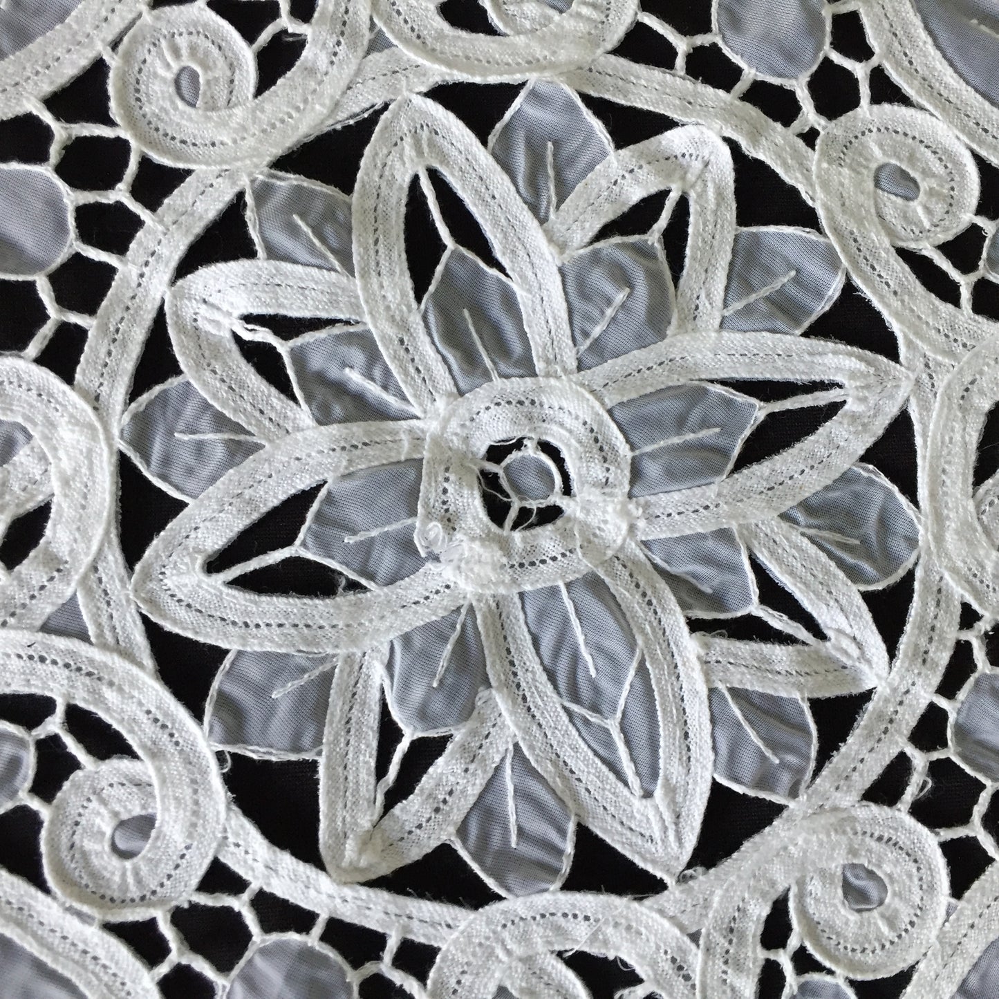 Vintage 13" White Organdy & Cotton Tape Lace Doily with Butterfly Pattern