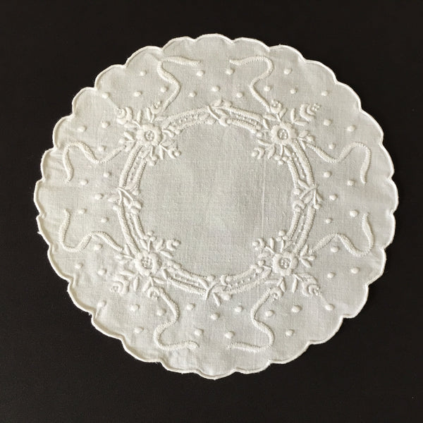 Hand Embroidered 9" Vintage Whitework Doily with Scalloped Edging