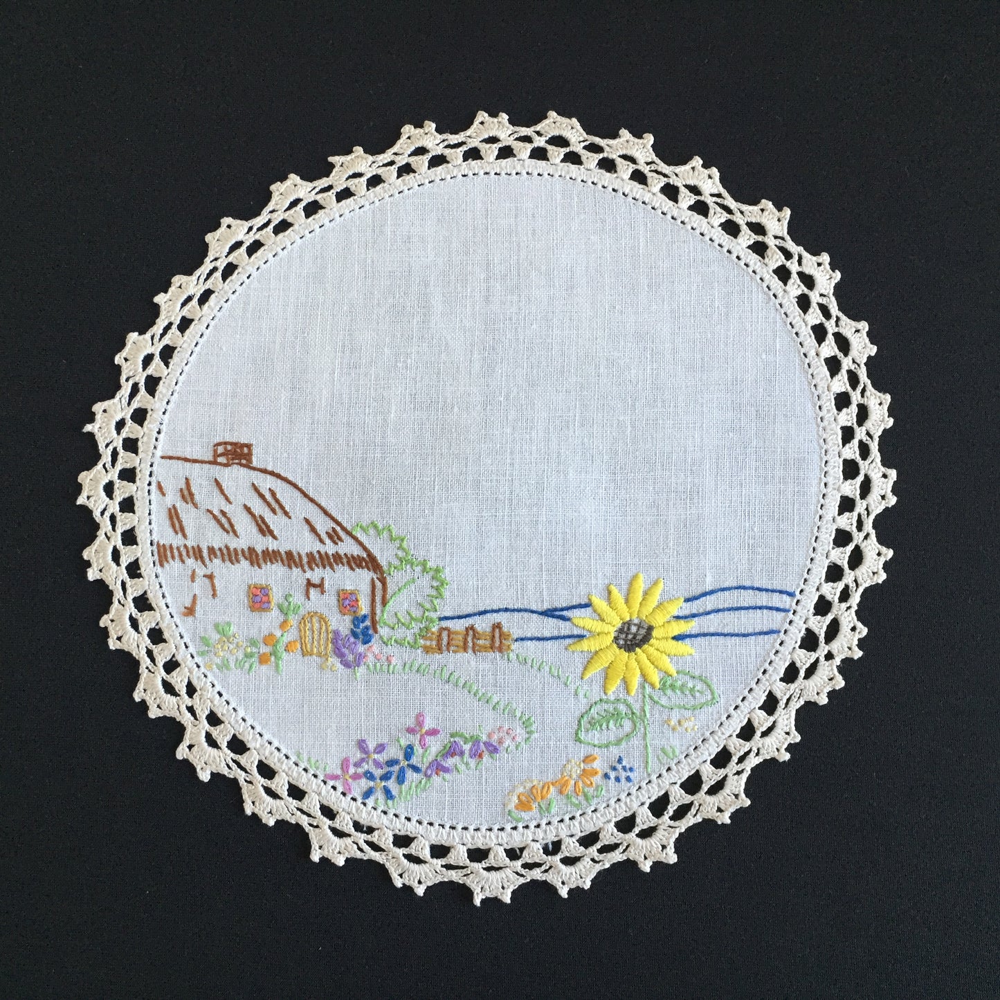 Vintage Collectible Hand Embroidered Doily with Country Cottage Garden Design